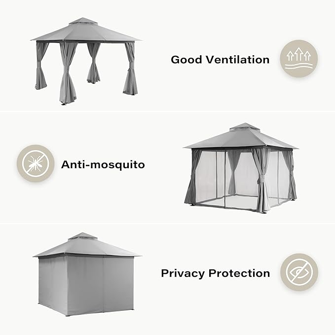 LAUSAINT HOME 10x10ft Outdoor Patio Gazebo with Double Roof, Heavy Duty Waterproof Gazebo Canopy Tent with Mosquito Netting for Backyard, Garden, Lawn & Wedding, Grey