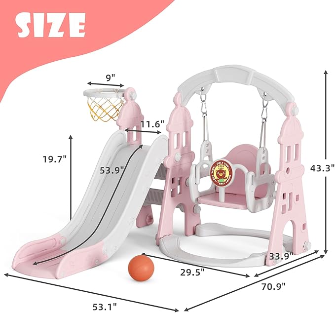KORIMEFA 4-in-1 Kids Slide and Swing Set, Toddler Slide with Basketball Hoop, Swing, Outdoor Indoor Playground for Toddlers 1-3 (4 in 1-Pink)