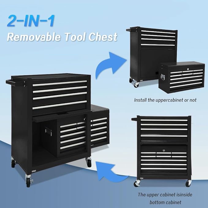 13-Drawer Rolling Tool Chest, 2-in-1 Heavy Duty Detachable Storage Cabinet with Lockable Wheels & Removable Top Box, 600 lbs Capacity for Mechanics, Garage Workshop (BLACK)