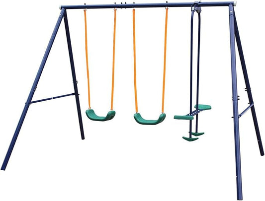 Outdoor Garden Swing Set with Four Seats A-Frame Heavy-Duty Steel with 1 Seesaw and 2 Swings Play Set for Kids