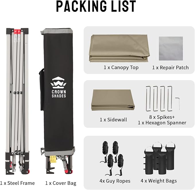 CROWN SHADES 12x12 Pop Up Canopy Tent Instant Commercial with 150D Silver Coated Fabric Including 1 Removable Sidewall, 4 Ropes, 8 Stakes, Weight Bags, STO 'N Go Bag, Beige