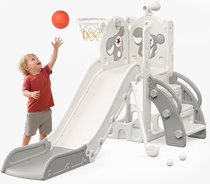 Mloong 6 in 1 Toddler Slide - Kids Slide for Toddlers Baby 1-3 Years Old, Indoor and Outdoor with Basketball Hoop Upgraded Golf for Kids Easy Assembly Pegasus Design (Beige & Gray)(28×62×39in)