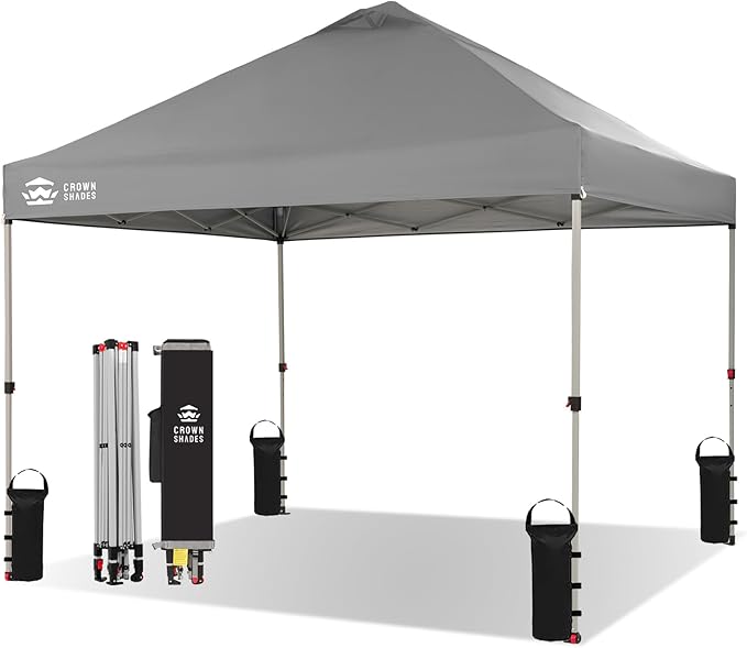 CROWN SHADES 10x10 Pop Up Canopy - Beach Tent with One Push Setup - Easy Outdoor Sun Shade Shelter for Events, Parties - Gazebo with STO-N-Go Cover Bag, Silver Coated Top,Light Gray
