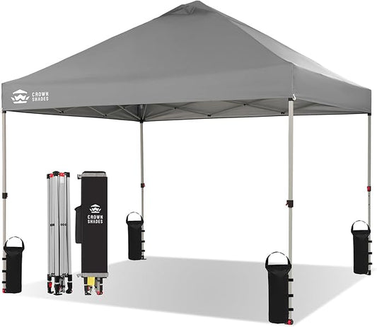 CROWN SHADES 10x10 Pop Up Canopy - Beach Tent with One Push Setup - Easy Outdoor Sun Shade Shelter for Events, Parties - Gazebo with STO-N-Go Cover Bag, Silver Coated Top,Light Gray