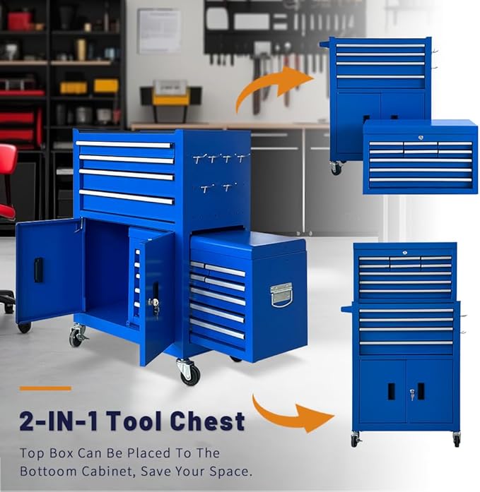 13-Drawer Rolling Tool Chest with Double Doors, 2 in 1 Detachable Rolling Tool Chest Combo, Mobile Tool Cabinet with Drawers, Metal Large Lockable Tool Box for Garage Workshop (Blue)