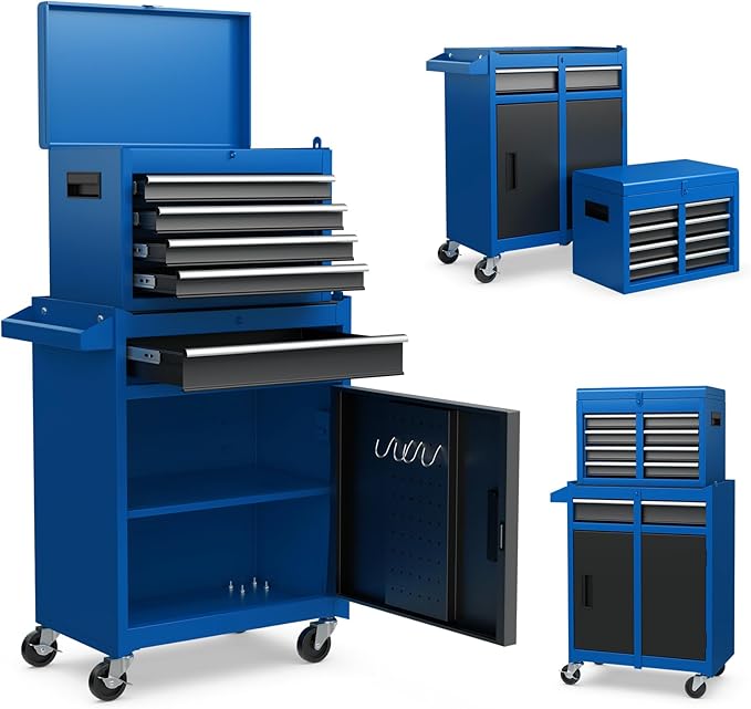 ERGOMASTER Tool Chest Heavy Duty Rolling Tool Box with Cabinet 5-Drawer for Lockable & Removable Cabinet for Garage and Workshop - Blue