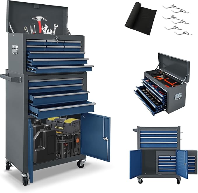 13 Drawers Tool Chest with Wheels, Rolling Tool Box with Drawers, Metal Tool Cabinet for Garage, Workshop(Blue-Gray)