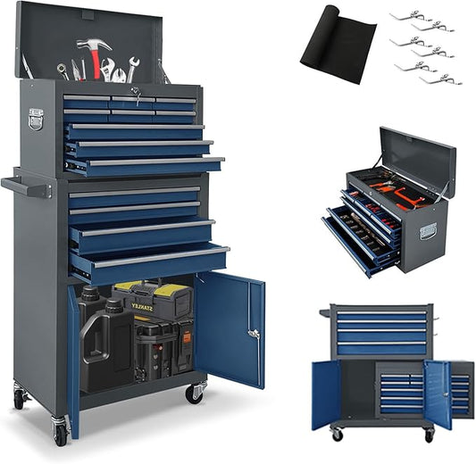 13 Drawers Tool Chest with Wheels, Rolling Tool Box with Drawers, Metal Tool Cabinet for Garage, Workshop(Blue-Gray)