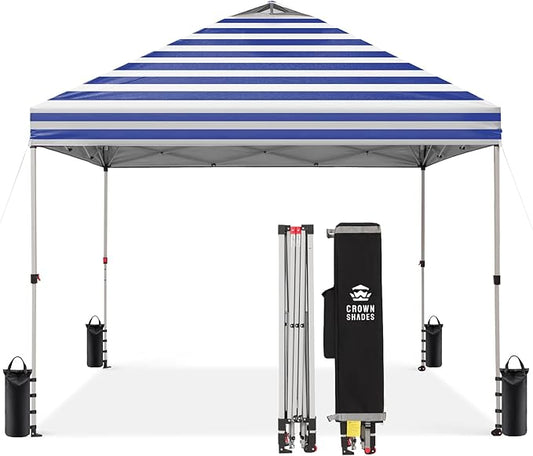 Crown Shades 10x10 Pop Up Canopy - Beach Tent with One Push Setup - Outdoor Sun Shade for Events, Parties, Camping - STO-N-Go Cover Bag, Silver Coated Top, 3 Height& 4 Sand Bags, Navy Blue Stripes