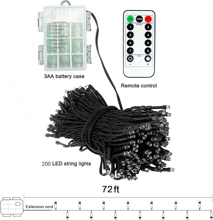 Battery Warm White String Lights, 72ft 200LEDs Mini Christmas Decor lamp with Remote and Timer, Dimmable and Waterproof, Twinkle Home Decoration Indoor