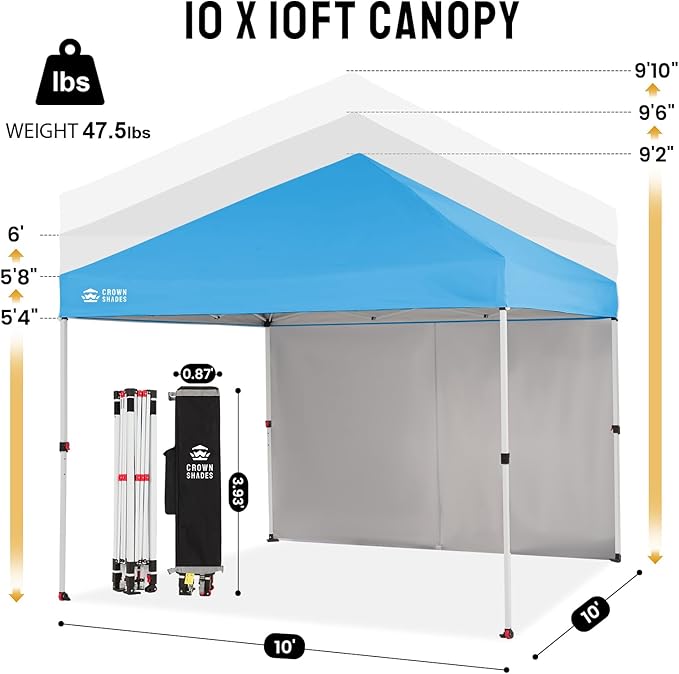 CROWN SHADES 10X10 Comercial Instant Canopy Pop Up Tent with Center Lock (10x10 with 4 Sidewalls, Sky Blue)