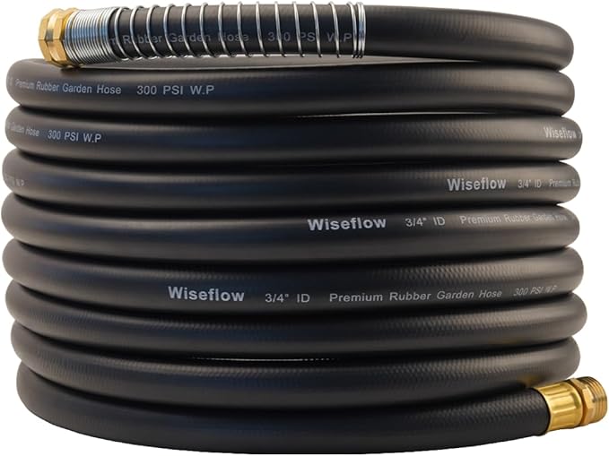 WiseFlow Garden Hose 25FT x 3/4, Heavy Duty Rubber Hose, Water Hose with Five Layered Braiding, Male Female Fittings, 1000PSI Burst, 300PSI Working (Black)