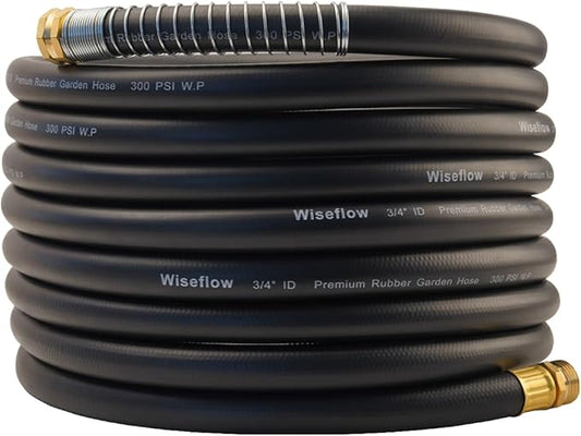 WiseFlow Garden Hose 25FT x 3/4, Heavy Duty Rubber Hose, Water Hose with Five Layered Braiding, Male Female Fittings, 1000PSI Burst, 300PSI Working (Black)