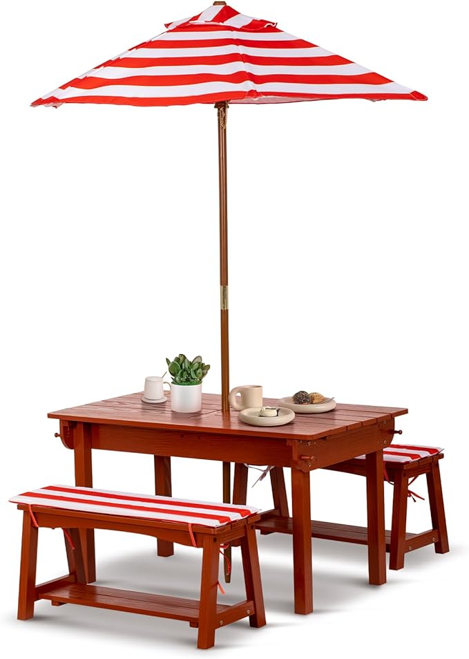 Kids Picnic Table with Umbrella, Outdoor Wooden Table & Bench Set w/Cushions & 2 Removable Boxes, 4-in-1 Children Sand and Water Activity Furniture w/Storage Cover for Patio, Garden