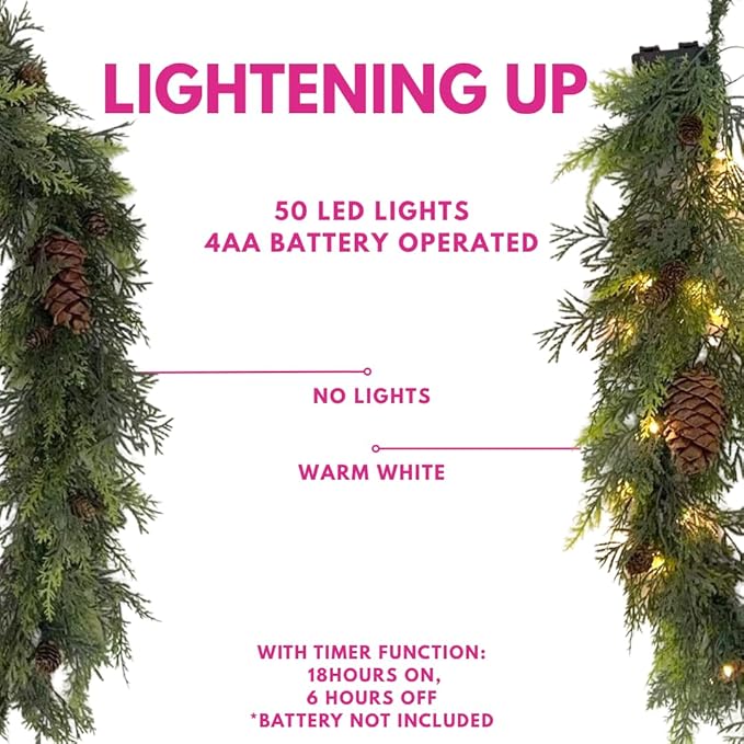 8 Foot Prelit Natural Garland with 50 Warm White LED Lights with Timer Function | Realistic Cedar and Mixed Greenery Holiday Decoration, for Front Door, Mantel, and Home Decor