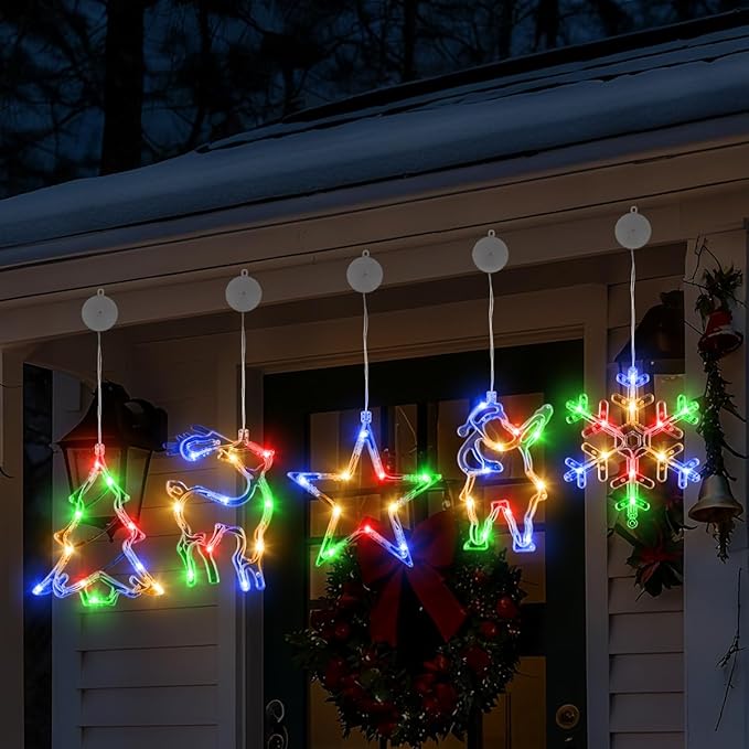 5Pcs Christmas Window Lights, Battery Powered Twinkle Lights Christmas Decorations Indoor Outdoor for Wall Door Porch Balcony Glass Decor with Suction Cup & Timer