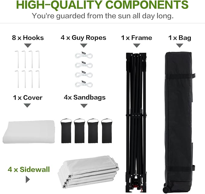 10X10 Comercial Pop Up Canopy Tent with 4 Sidewalls and 6 Pockets, One Push Setup Center Lock, for Beach Patio Outdoor, Case, 8 Stakes, 4 Ropes, 4 Sandbags (Snow White)