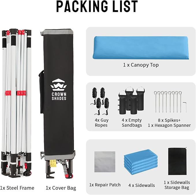 CROWN SHADES 10X10 Comercial Instant Canopy Pop Up Tent with Center Lock (10x10 with 4 Sidewalls, Sky Blue)