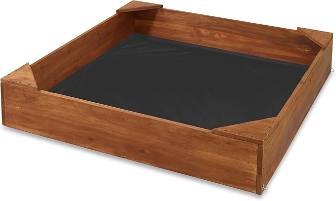 Badger Basket Wooden Sandbox for Kids - Outdoor Sand Box with Bench, Cover & Liner - Durable Backyard Playset for Toddlers (46.5 x 46.5 x 8.75)