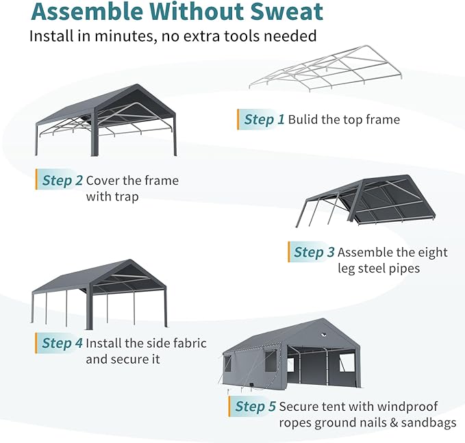 Carports 20X20 Heavy Duty,Car Port with 180G Removable Side Wall,Carport Canopy,Portable Car Port Garage,Car Shelter All Weather,Grey