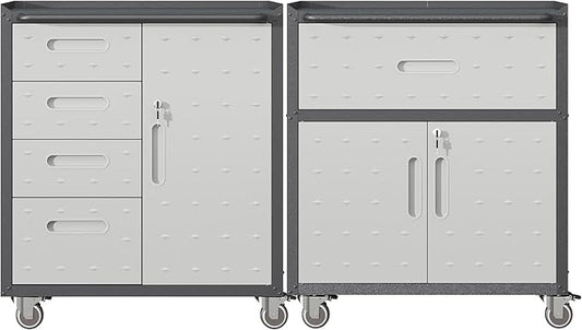Metal Tool Cabinet,Garage Storage Cabinet System,Wall Cabinet & Locking Rolling Tool Cabinet with Doors and Adjustable Shelves,Steel Tool Cabinets for Home (2 Pcs-StyleF, Black & Grey)