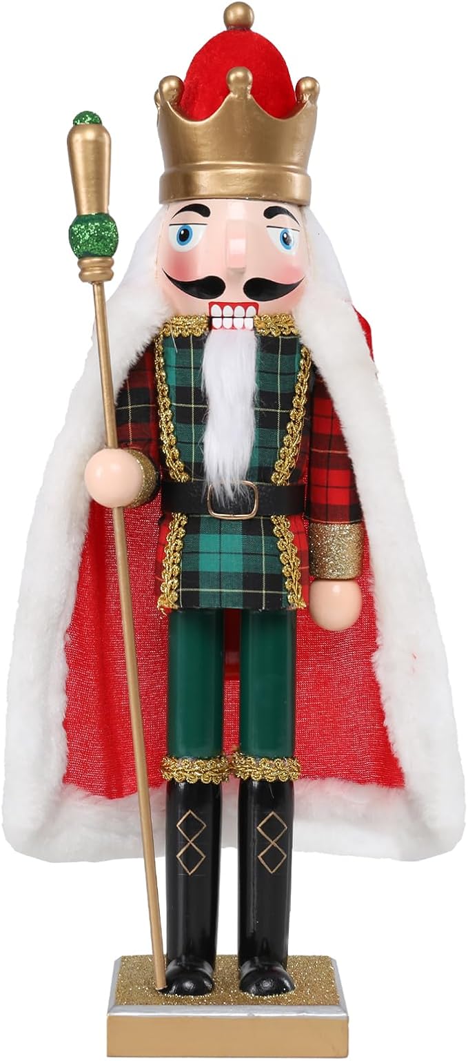 Christmas Nutcracker Decorations Nutcracker Figure 15 Inch Wooden Nutcrackers Collectible Ornament Nutcrackers Soldier for Table Desktop Home Christmas Decor Xmas Indoor Decor Checked clothes Red cape