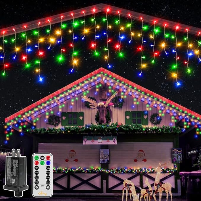 Ollny Icicle Lights for Outside 400LED 32FT, Multicolor Christmas Light with Remote 8Modes Timers Waterproof, Plug in Connectable Hanging Lights for Outdoor Indoor House Roof Holiday