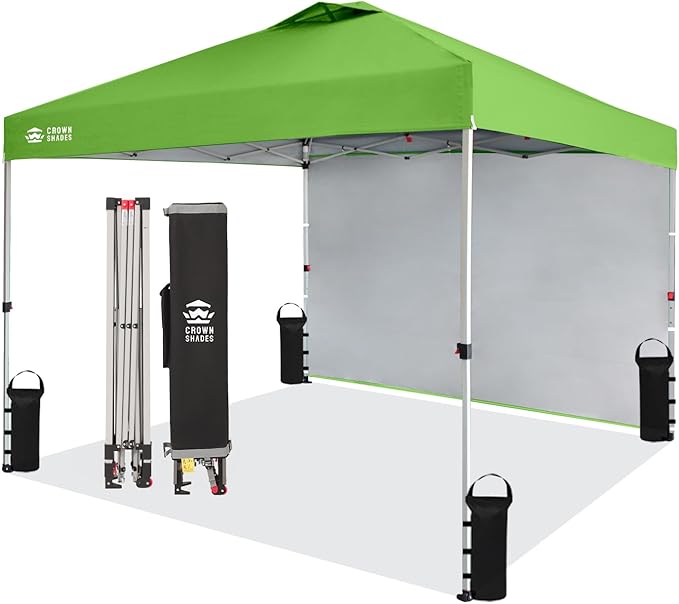 CROWN SHADES 10x10 Pop Up Canopy with 1 Side Wall - Beach Tent with One Push Setup - Outdoor Sun Shade for Events, Parties, Camping - Gazebo with STO-N-Go Cover Bag (Green)
