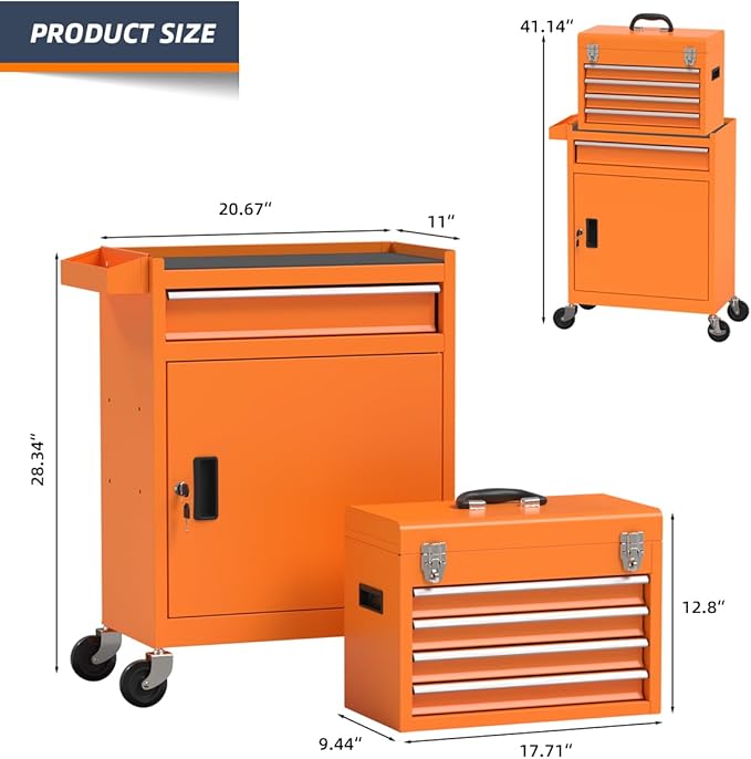 5-Drawer High Capacity Rolling Tool Box, Removable Cabinet Storage Tool Chest with Wheels and Drawers, Detachable Toolbox with Lock for Mechanics Garage Workshop and Tool Room (Orange)