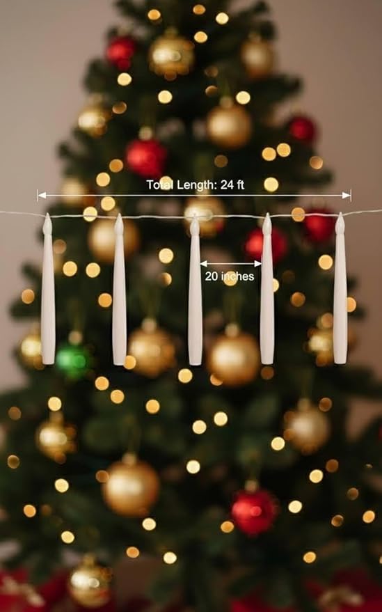10 Hanging Christmas Tree Candle Lights, 24ft Plug-in LED Flameless Candles with Warm Glow, 8 Lighting Modes, Waterproof & Connectable for Indoor/Outdoor Holiday Decorations
