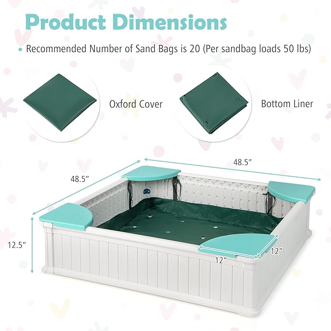 HONEY JOY 12.5 Kids Sandbox with Cover, 48 x 48 Inch Large HDPE Pit for Backyard, 4 Corner Seats & Bottom Liner, Sand Protection, All Weather Resistant Sand Boxes for Kids Outdoor (White)