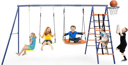 Swing Set for Backyard - Heavy Duty 6 in 1 Playground Sets 550lbs Upgrade Saucer Swing for Kids Outdoor Metal Swing Stand with 3 Adjustable Swings Seats Climbing Wall Ladder Basketball Hoop
