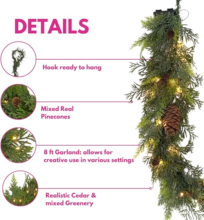 8 Foot Prelit Natural Garland with 50 Warm White LED Lights with Timer Function | Realistic Cedar and Mixed Greenery Holiday Decoration, for Front Door, Mantel, and Home Decor