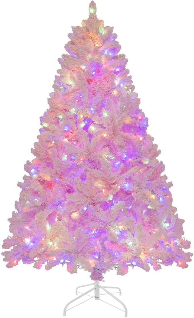 GOFLAME 6FT Pre-Lit Artificial Christmas Tree Snow Flocked, Hinged Xmas Tree with 808 PVC Branch Tips, 350 LED Lights & 8 Lighting Modes, Holiday Decoration Tree for Home, Office, Party, Pink
