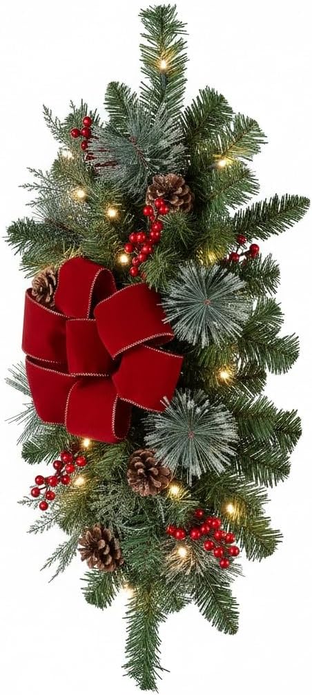 Haute Decor Classic Pre-lit 26 inch Artificial Fir Christmas Swag (Staircase Swag), 20 Warm White LEDs, Indoor/Outdoor
