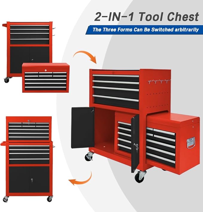 13-Drawer Rolling Tool Chest with Double Door, Extra Large Storage Cabinets with Tool Box, 2-in-1 Detachable Design, 600 lbs Capacity with Lockable Wheels for Garage, Mechanic & Home Use (Red£¦Black)