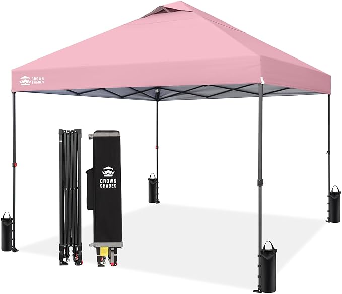 CROWN SHADES 10x10 Pop Up Canopy Tent - Patented Center Lock One Push Instant Outdoor Canopy Beach Tent with STO-N-Go Bag 8 Stakes & 4 Sand Bags，Pink