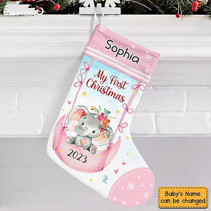 LOVELYPOD Christmas Stockings Personalized with Name, 19" Christmas Stocking Baby Gift My First Christmas Pink Elephant Stocking 2023, Xmas Stocking Holiday Christmas Decoration Gifts for Family Kids