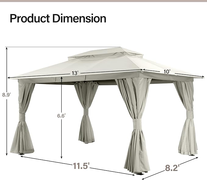 LAUSAINT HOME Semi-Permanent Patio Gazebo 10'x13' with Expansion Bolts, Outdoor Heavy Duty Party Tent with Double Roofs, Mosquito Nettings and Privacy Screens for Backyard, Garden, Lawn, Cream White