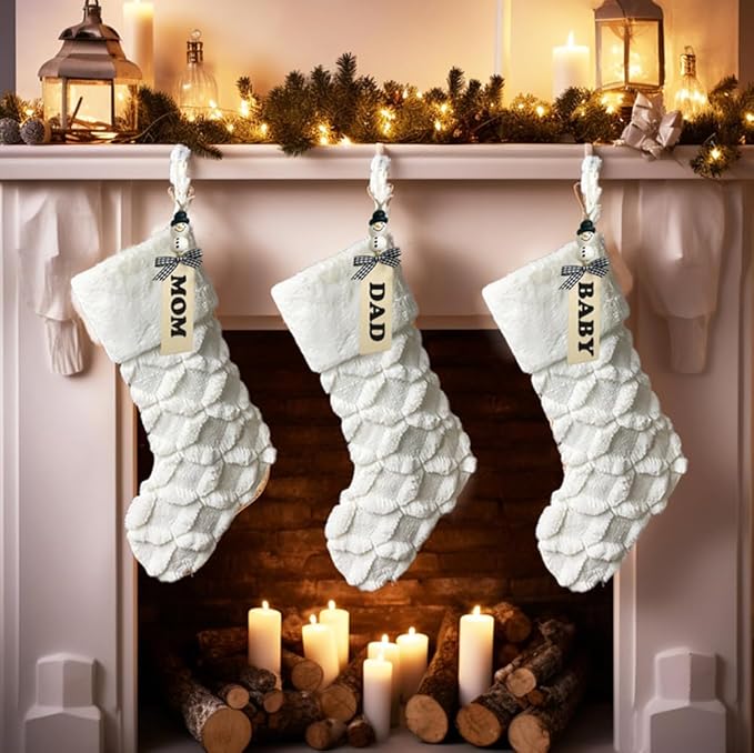 AOGU 3 Pack 18 Inch Faux Fur Christmas Stockings Cable Knit Knitted Thick Snowy White Xmas Christmas Stockings Hanging Ornaments Candy Gift Bags for Christmas Decorations