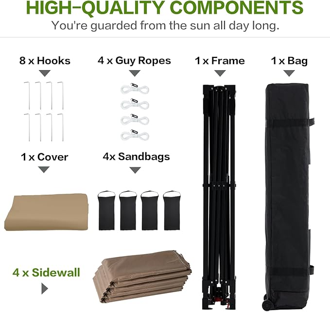 10X10 Comercial Pop Up Canopy Tent with 4 Sidewalls and 6 Pockets, One Push Setup Center Lock, for Beach Patio Outdoor, Case, 8 Stakes, 4 Ropes, 4 Sandbags (Dun Khaki)