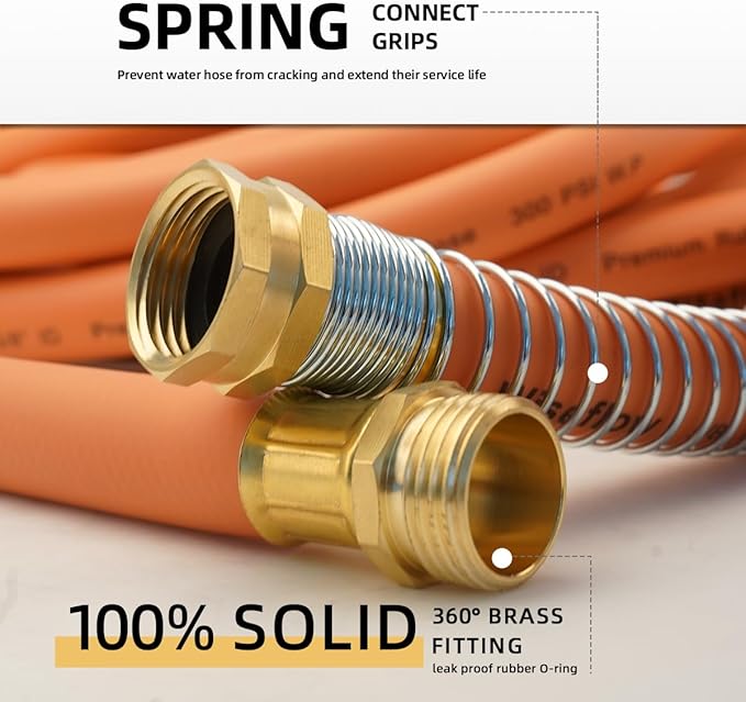 WiseFlow Garden Hose 50FT x 5/8, Heavy Duty Rubber Hose, Water Hose with Five Layered Braiding, Male Female Fittings, 1000PSI Burst, 300PSI Working (Orange)