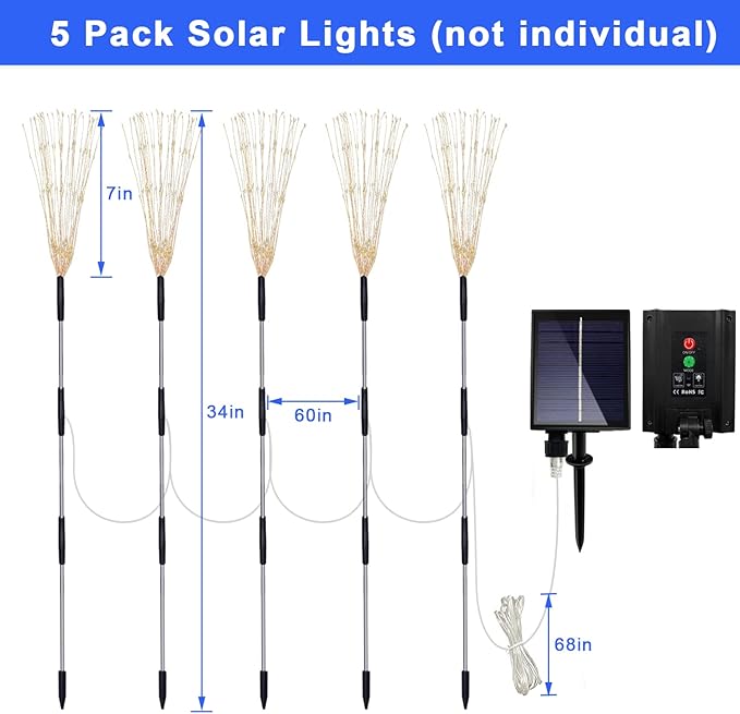 Solar Firework Lights, Garden Light 5 Pack 120 LED Remote Control Solar Decorative Light, Waterproof Stake Landscape Lights with 8 Flashing Modes, for Garden Pathway Courtyards Decor(Colorful)