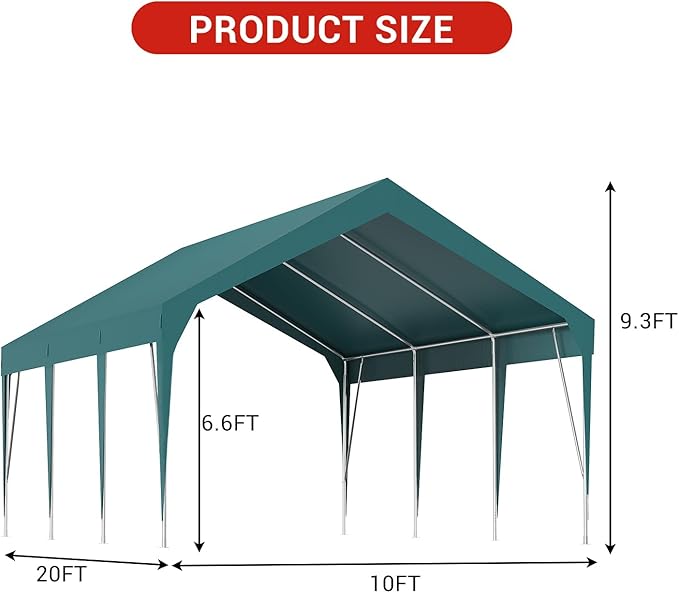 10x20FT Heavy Duty Carport Canopy Portable Garage Shelter, Waterproof UV-Resistant Outdoor Storage Cover with Adjustable Height for Cars Boats