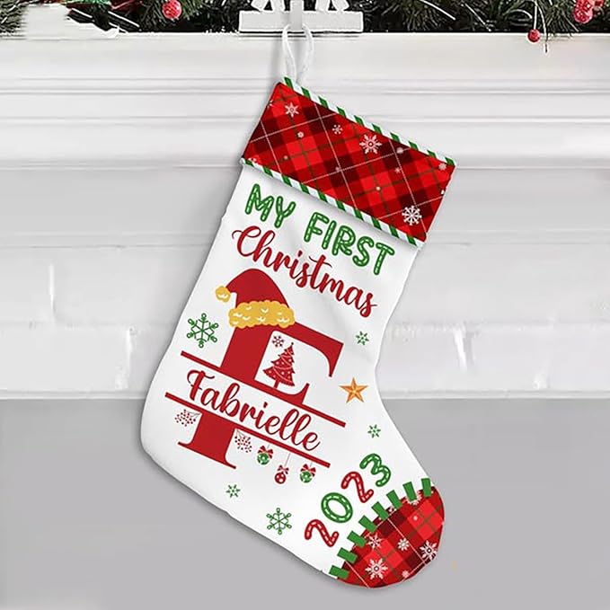 LOVELYPOD Christmas Stockings Personalized with Name, 19" Christmas Stocking Gift for Baby My First Christmas Stocking 2023, Xmas Stocking Holiday Christmas Decoration Gifts for Family Kids