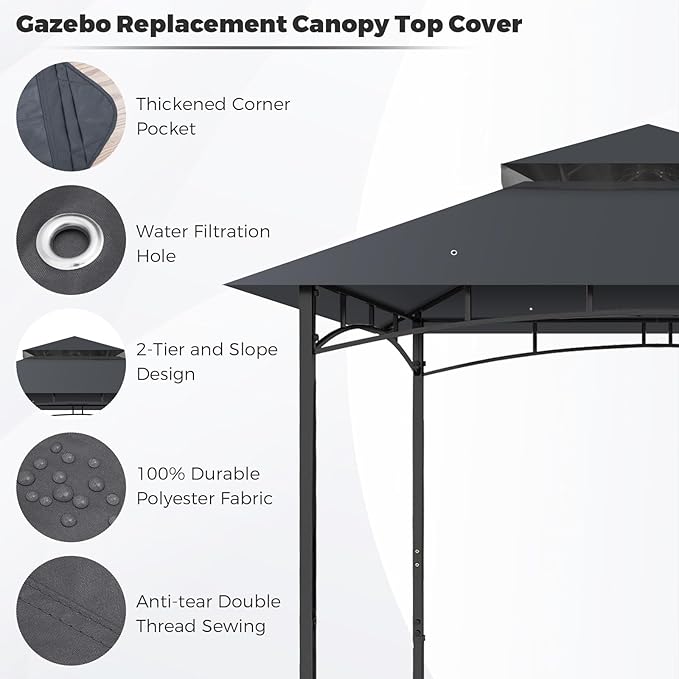 Gazebo Replacement Canopy Top Waterproof Cover, Fits Model L-GZ136PST, Double-Tiered and UV-Resistant (Dark Gray)