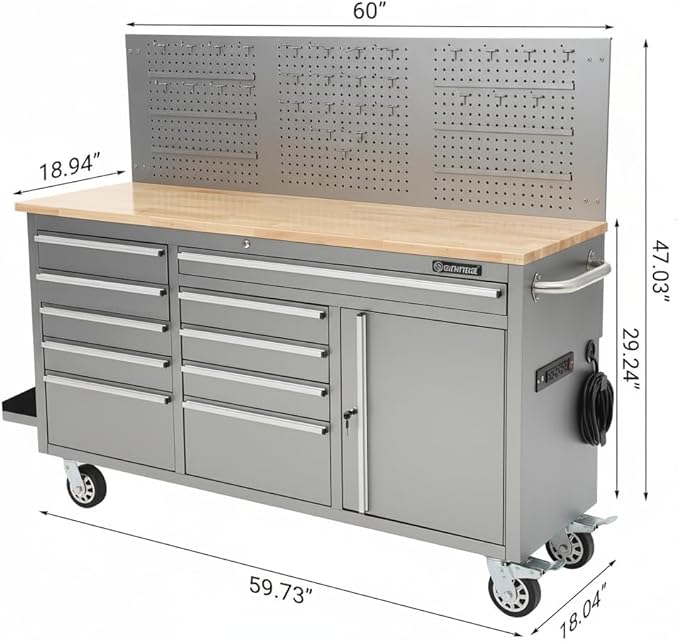Tool Chest, 61 Inch Tool Box Mobile 9 Drawers Storage Rolling Cabinet with Wheels Lock Key Locking System Drawer Liners for Garage Warehouse Repair Shop, Sliver