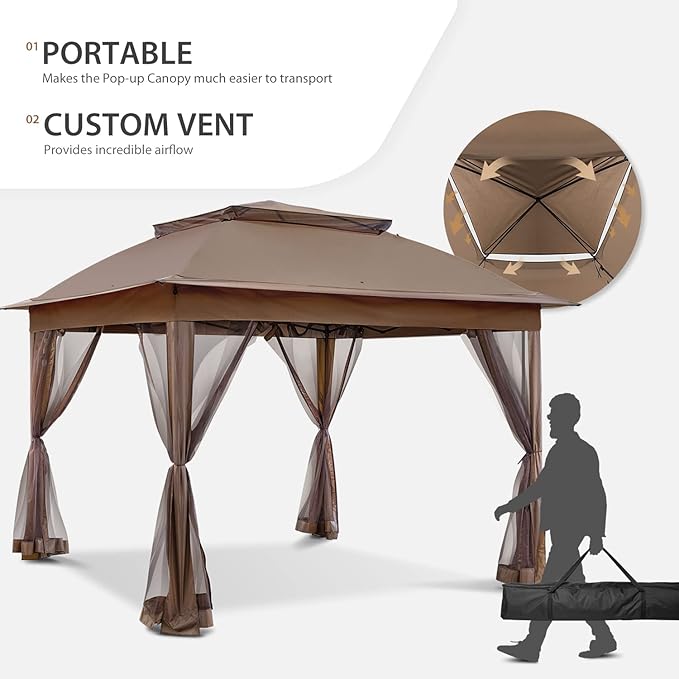 COOS BAY 11x11 Pop Up Gazebo with Mesh Netting, Instant Outdoor Canopy Tent, Water Resistant Shelter with UPF 50+ UV Protection, 121 Sq Ft Coverage, Brown