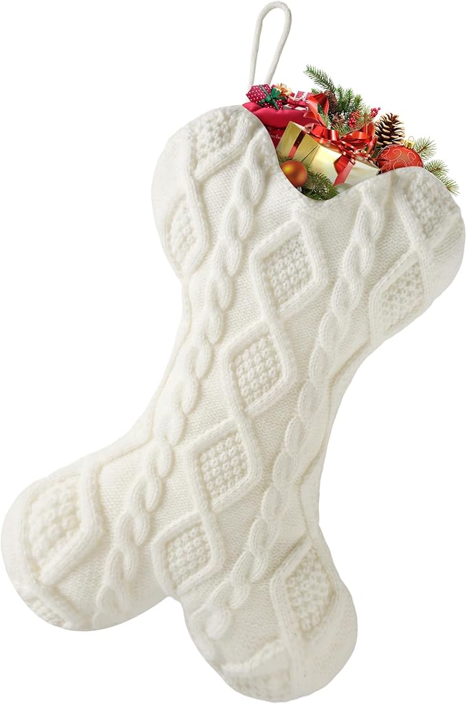 Dog Christmas Stocking, Knit White Christmas Stocking for Dogs, Bone Shape Dog Stocking Christmas Large Pet Stockings Hanging Dog Christmas Stocking for Christmas Decorations