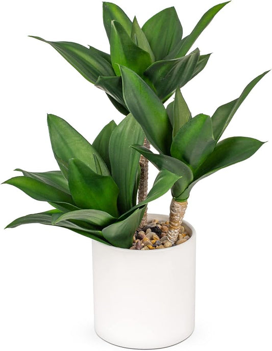 Hollyone Large Artificial Agave Plants Fake Three-Head Agave Succulent Plant Potted 15" Faux Plant in White Pot Succulent Aloe Plant Indoor for Desk Modern Home Decor